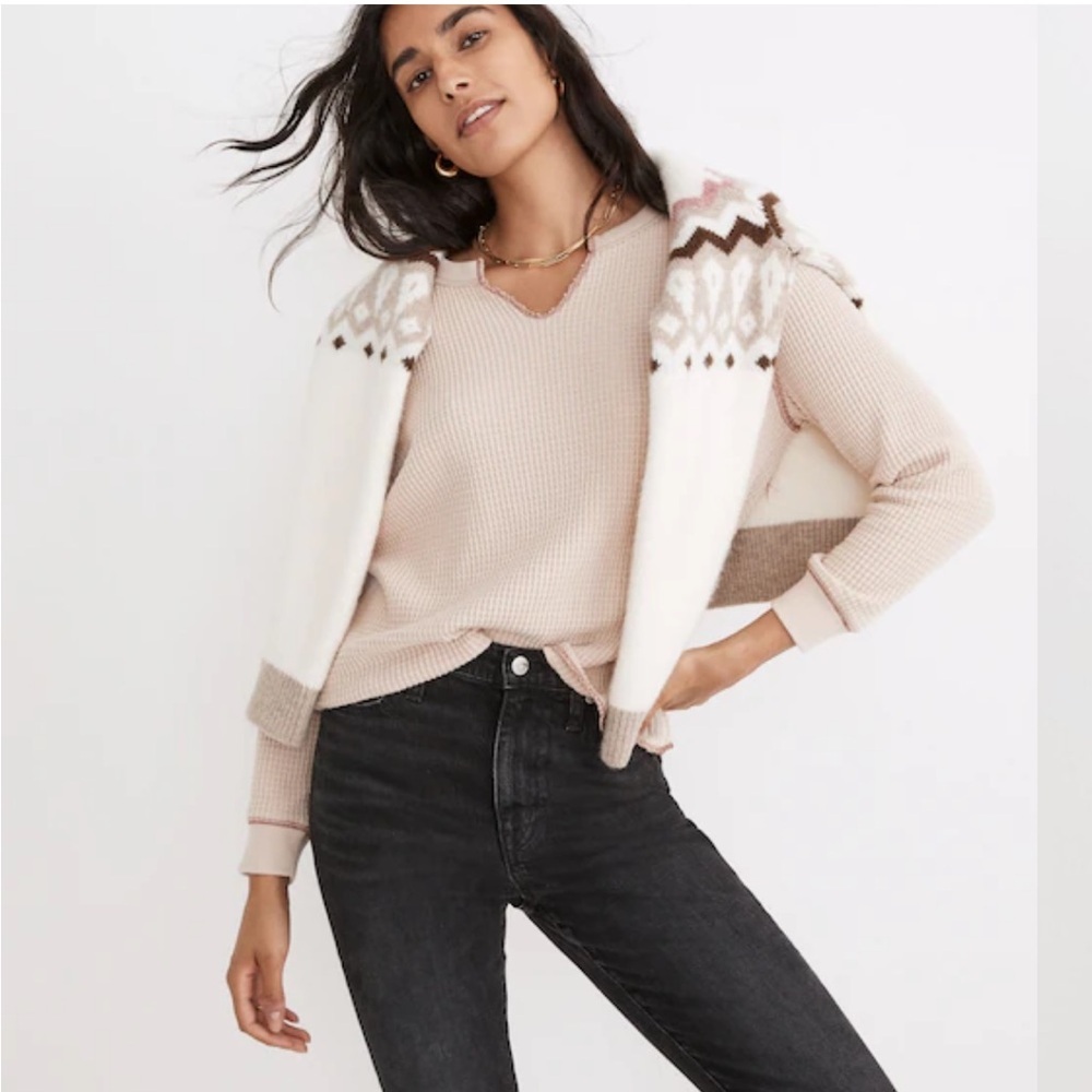 Madewell Waffle Split Neck Thermal Crop Tee Shirt Long Sleeve Antique Cream M